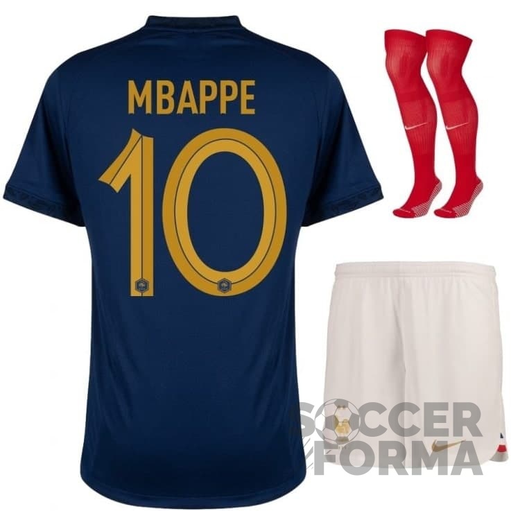 Детская форма сборной Франции Мбаппе 10 2022-2024 с гетрами - вид 1